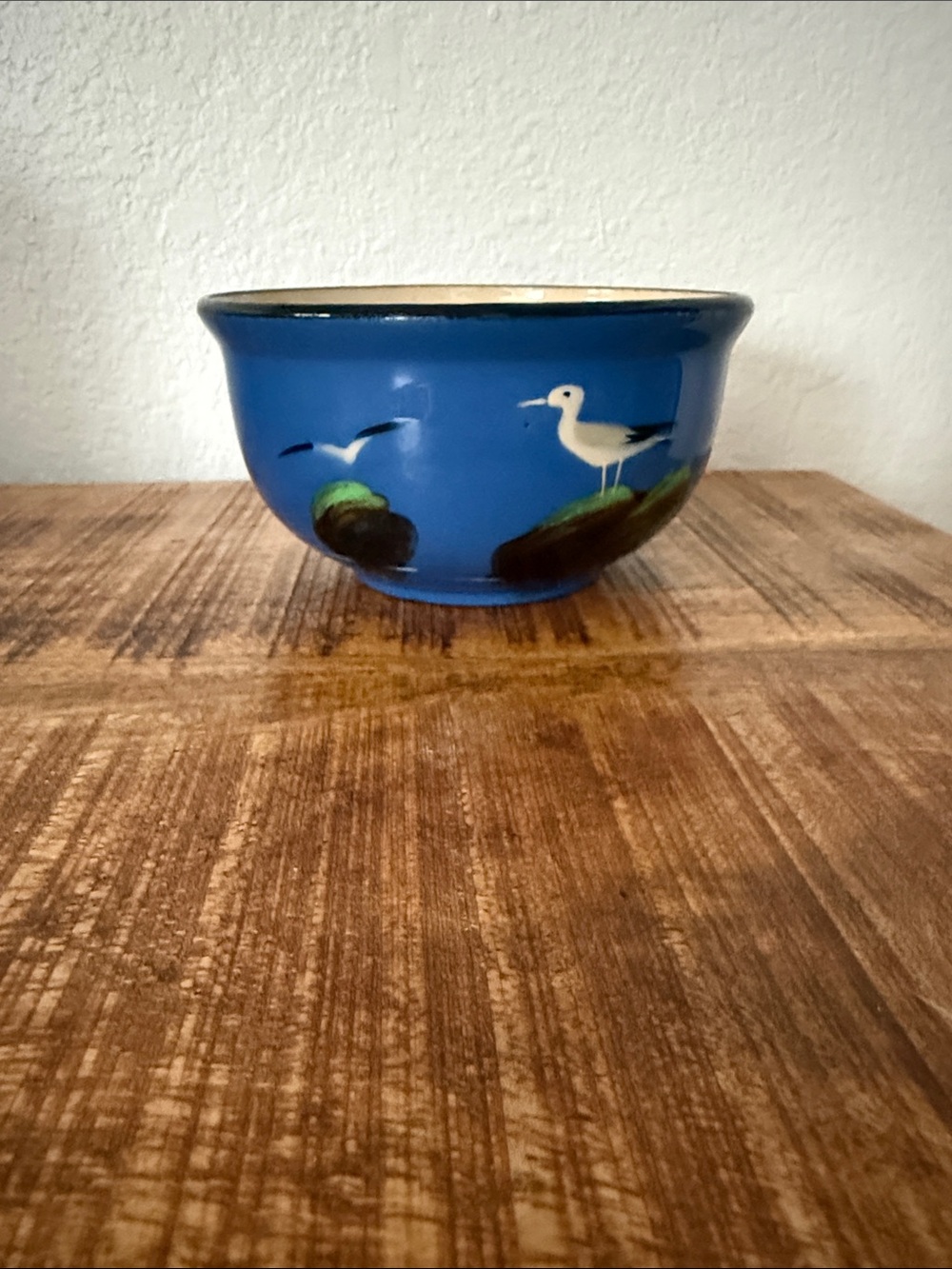 Hand-Painted Blue Ceramic Bowl with Seagull Motif
